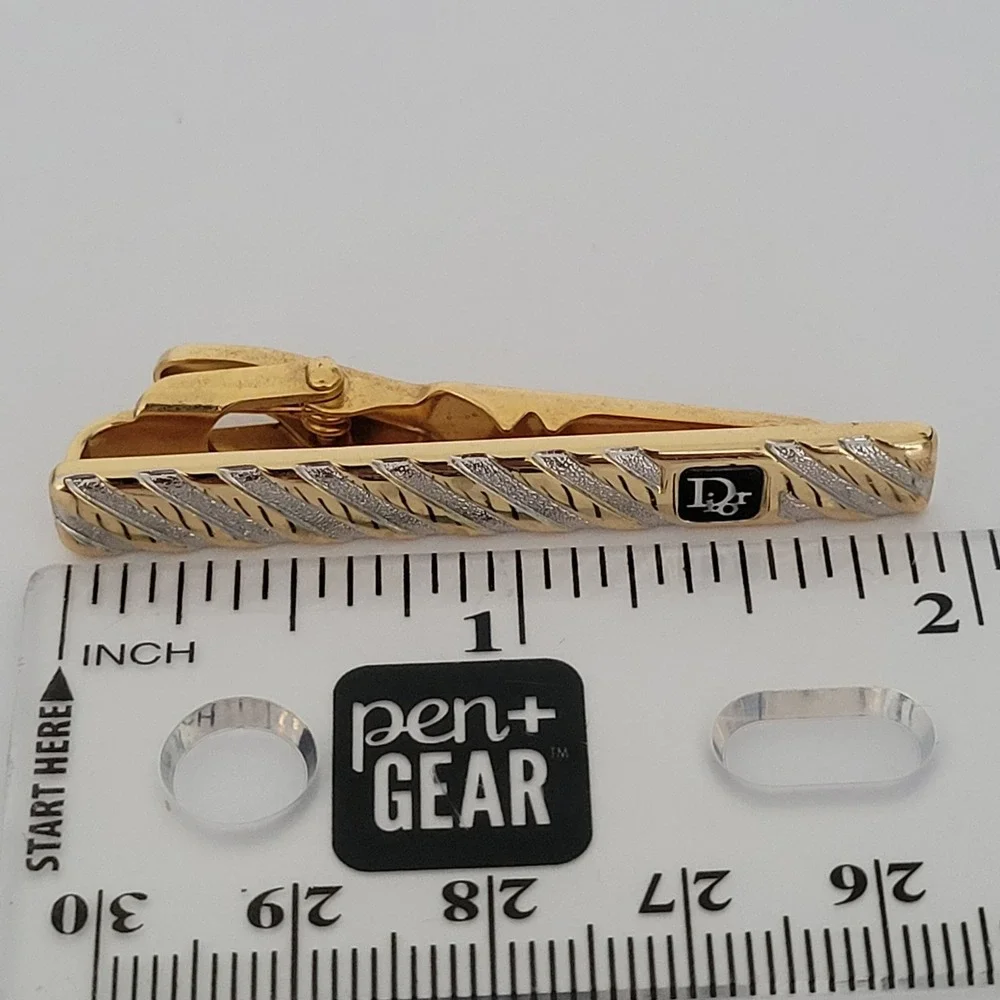 Christian Dior Vintage‎ Tie Clip Gold Silver Two Tone Logo Textured Made Germany